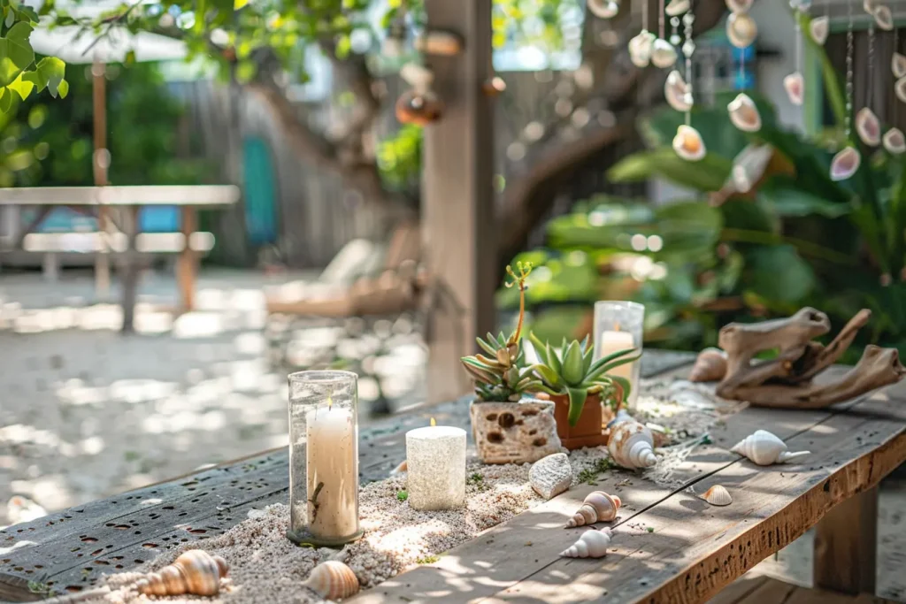 Gartendeko mit Muscheln und Treibholz