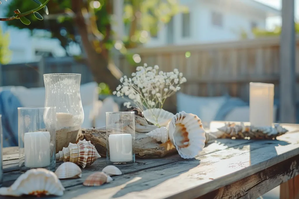 Gartendeko mit Muscheln und Treibholz