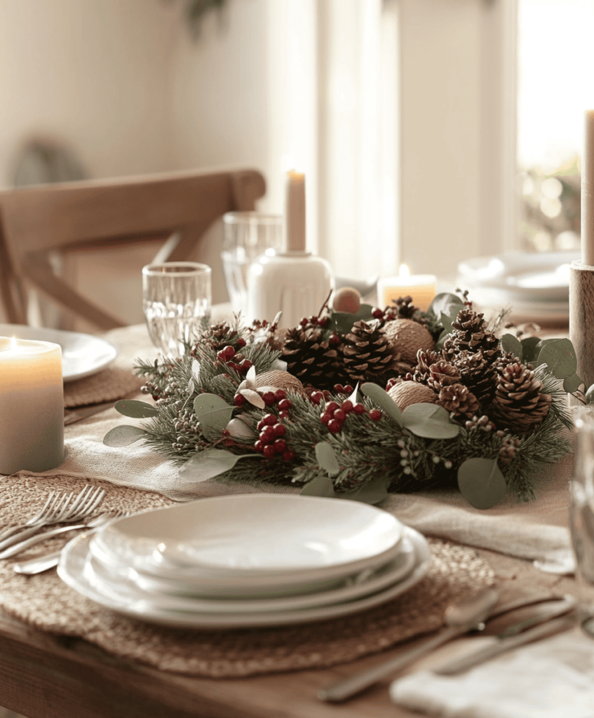 Natürlicher Adventskranz mit Beeren und Zapfen