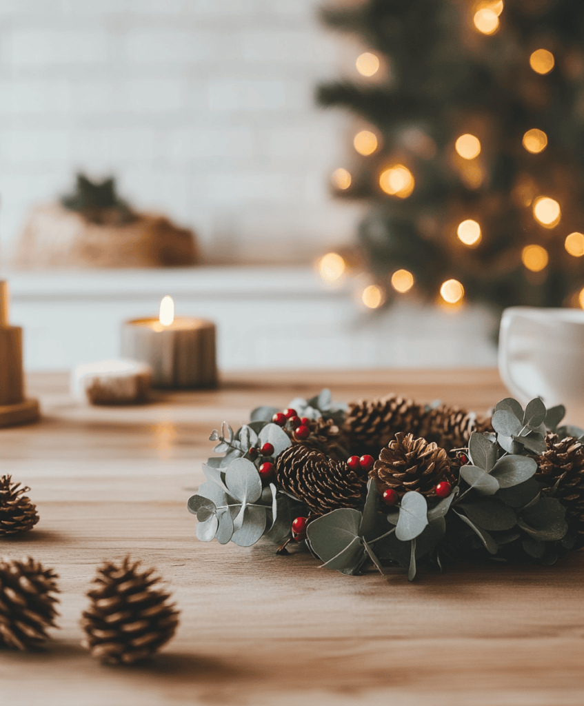 Natürlicher Adventskranz mit Beeren und Zapfen